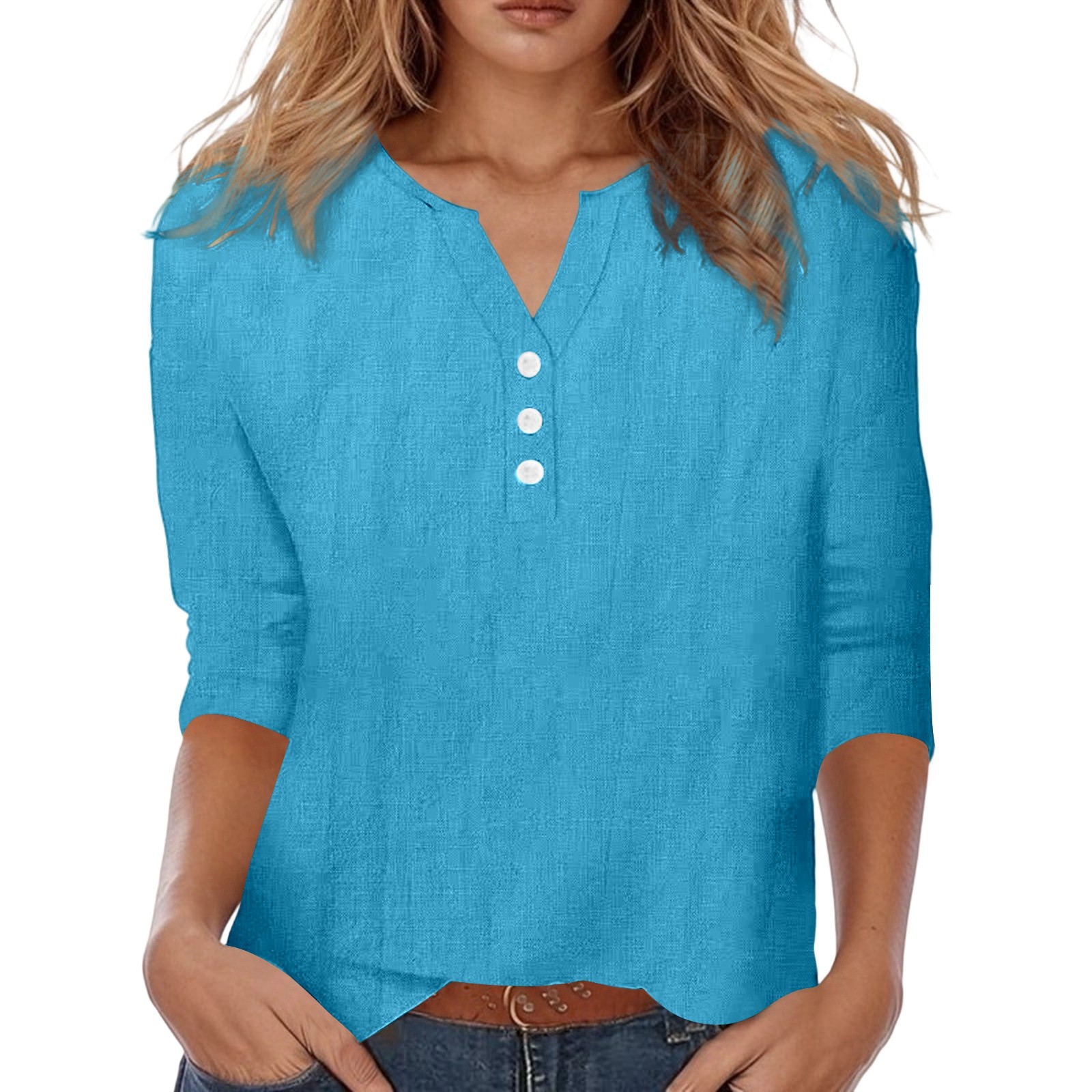 thumbnail image 4 of Top liso de mujer con cuello en V, botones y manga 3/4 - Estilo informal elegante, tejido de poliéster ligero, 4 of 8